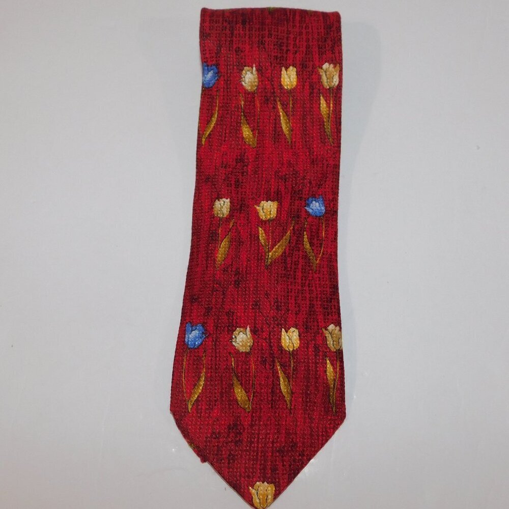 Paulo Visari Mens 100% Silk Neck Tie Made in Italy Red Floral Tulips